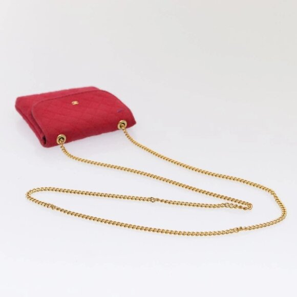 CHANEL Chain Quilted Shoulder Pouch Cotton Gold Red CC Auth - Picture 7 of 16